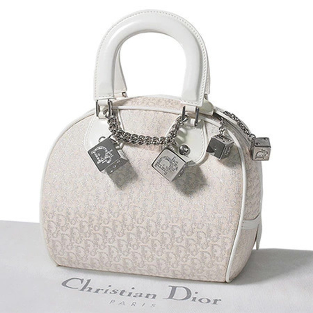 Christian Dior Trotter Top Handle Bag Cube Charm Leather Silver